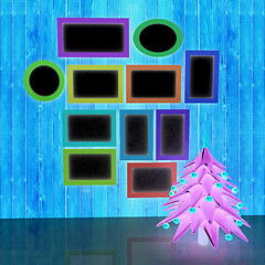 Image showing Mock up poster on the wood wall with christmas tree and decorati