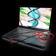 Image showing silver laptop diagnosis with stethoscope. 3D illustration