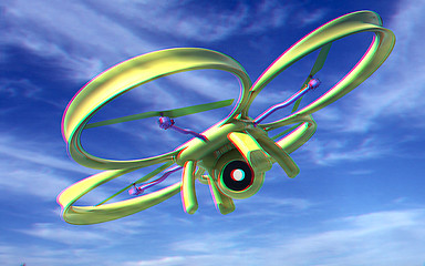 Image showing Drone, quadrocopter, with photo camera against the sky. 3D illus