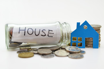 Image showing House model and stacks of coins