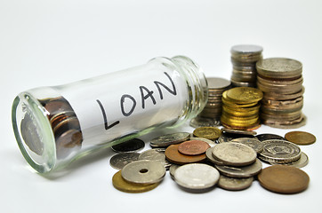 Image showing Loan lable in a glass jar with coins spilling out