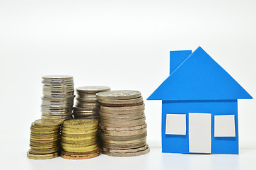 Image showing House model and stacks of coins