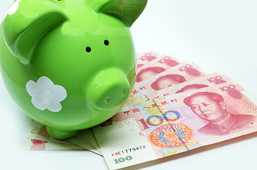 Image showing Green piggy bank with China currency