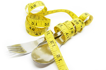 Image showing Steel spoon a fork and measuring tape