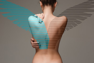 Image showing The back of attractive woman with angel wings on gray