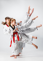 Image showing The studio shot of group of kids training karate martial arts