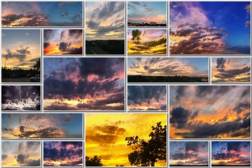 Image showing Dramatic sunset like fire in the sky with golden clouds collage