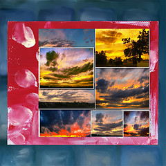 Image showing Dramatic sunset like fire in the sky with golden clouds collage