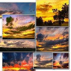 Image showing Dramatic sunset like fire in the sky with golden clouds collage