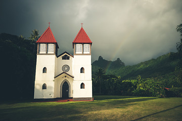 Image showing Rainbow on Haapiti church in Moorea island, landscape