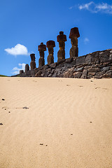 Image showing Moais statues site ahu Nao Nao on anakena beach, easter island