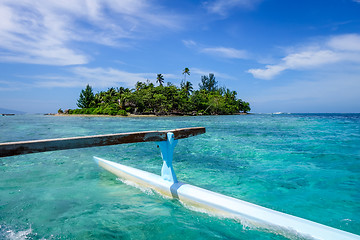 Image showing Pirogue on the way to paradise tropical atoll in Moorea Island l