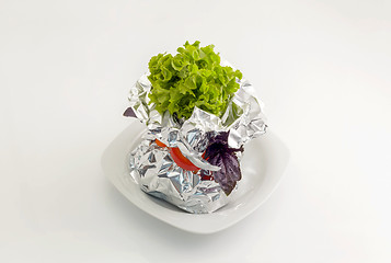 Image showing Meat with vegetables baked in aluminum foil