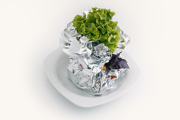 Image showing Meat with vegetables baked in aluminum foil