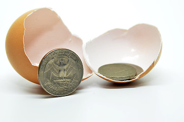 Image showing Cracked egg shell and coins