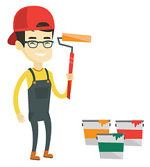 Image showing Painter holding paint roller vector illustration.