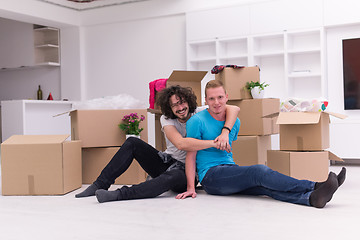 Image showing young  gay couple moving  in new house