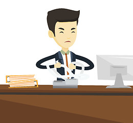 Image showing Angry business man tearing bills or invoices.