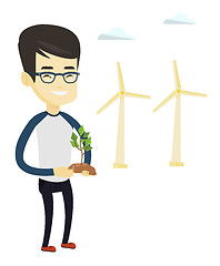 Image showing Man holding small plant vector illustration.