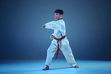 Image showing Young boy training karate on blue background