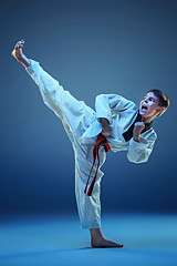 Image showing Young boy training karate on blue background