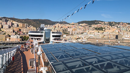 Image showing Panoramic view of Genoa city from open deck of cruise ship