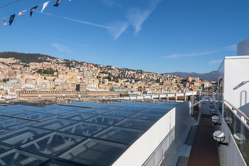 Image showing Cityscape view of Genoa from upper deck of cruise liner