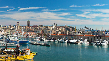 Image showing Serene panoramic view of old port in Genoa with cityscape