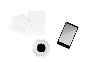 Image showing cup of coffee with paper, envelope and phone