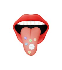 Image showing open mouth and protruding tongue with pills