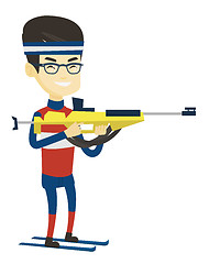 Image showing Cheerful biathlon runner aiming at the target.