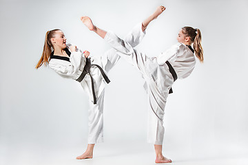 Image showing The studio shot of group of kids training karate martial arts