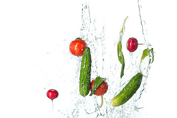 Image showing The fresh tomatos, cucumbers, radish in spray of water.