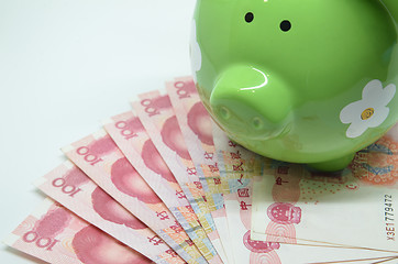 Image showing Green piggy bank with China currency