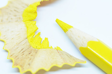 Image showing Sharpened yellow color pencil and wood shavings