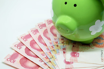 Image showing Green piggy bank with China currency