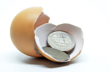 Image showing Cracked egg shell and coins