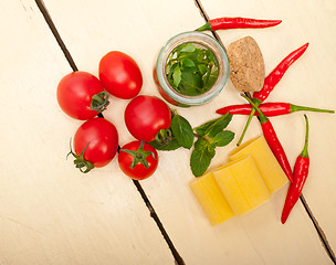 Image showing Italian pasta paccheri with tomato mint and chili pepper