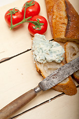 Image showing fresh blue cheese spread ove french baguette