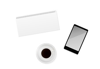 Image showing cup of coffee with blank calendar and phone