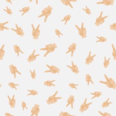 Image showing human hand showing peace sign, seamless pattern