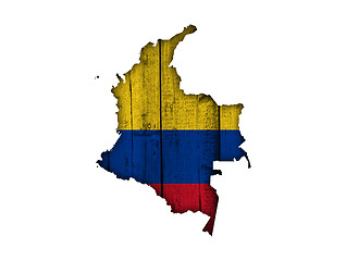 Image showing Map and flag of Colombia on weathered wood