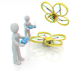 Image showing 3d man with drone, quadrocopter, with photo camera. 3d render. 3