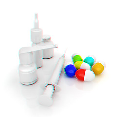 Image showing Syringe, tablet, pill jar. 3D illustration. Anaglyph. View with 