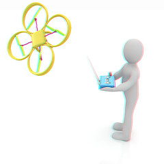 Image showing 3d man with drone, quadrocopter, with photo camera. 3d render. 3