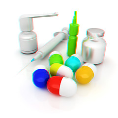 Image showing Syringe, tablet, pill jar. 3D illustration. Anaglyph. View with 