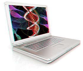 Image showing Laptop with dna medical model background on laptop screen. 3d il