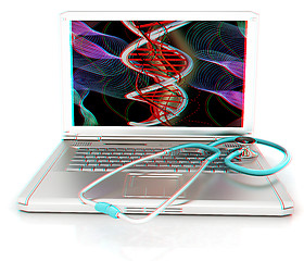 Image showing silver laptop diagnosis with stethoscope. 3D illustration. Anagl