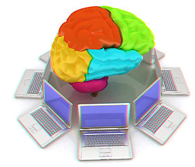 Image showing Computers connected to central brain. 3d render. Anaglyph. View 