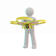 Image showing 3d man with drone, quadrocopter, with photo camera. 3d render. 3